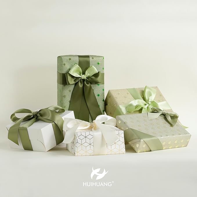 HUIHUANG Green Satin Ribbon 1-1/2 inch Ivory/Sage Green/Dusty Sage/Moss Green Double Face Satin Ribbons for Flower Bouquet, Gift Wrapping, Bows, Crafts, Eternal Rose- Total 30 Yards