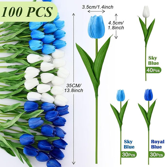 Janinka 100pcs Artificial Tulip Flowers Fake PU Tulips Faux Latex Bouquet Flower Centerpieces Arrangement Floral for Mother Day Wedding Spring Decorations (White,Light Blue,Royal Blue)