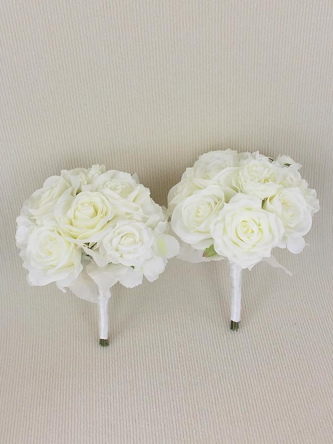 Rinlong 8.2 Inch Wedding Bouquets for Bridesmaids Bride White Rose Artificial Flowers Bridesmaids Bridal Bouquet for Wedding Prom