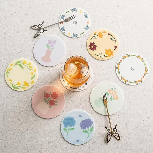 FLT Silicone Colorful Coaster Set of 3, Non-Slip Drink Mat, Cute and Unique Printed Design (Made in Korea) (Pastel - Vase)