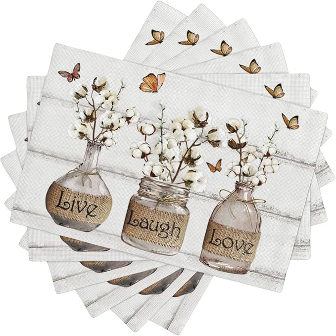Cotton Flower Placemats Set of 6 Farmhouse Floral Table Mats Washable Place mats for Home Party Indoor Kitchen Dining Table Linen Decoration 12x18 Inch