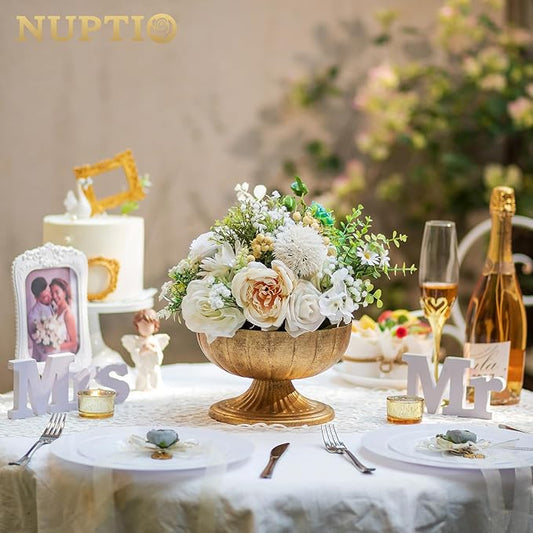 NUPTIO Distressed Gold Vases for Centerpieces: Rustic Brass Compote Vases for Flowers - Metal Pedestal Bowl Decor for Wedding Table Home Set of 10