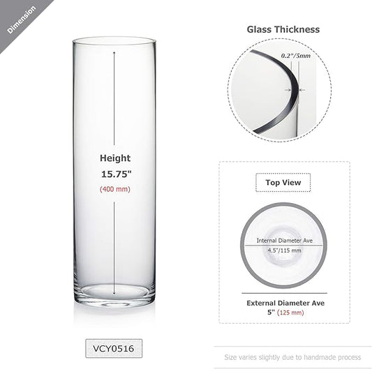 WGV Cylinder Vase Bulk, Diameter 5", Height 16", Clear Glass Floral Planter Container, Tall Centerpiece Arrangement for Wedding Party Event Home Office Decor, 6 Pieces