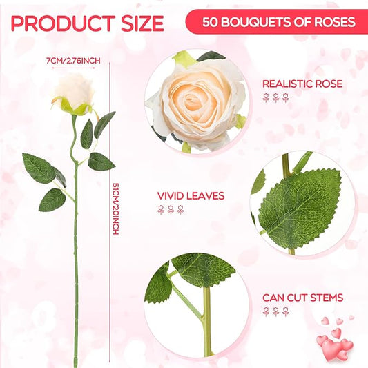 Jexine 50 Pcs Artificial Rose Flower Bulk Realistic Silk Fake Roses with Long Stem Plastic Artificial Flower Bouquet Real Looking for Home Wedding Centerpieces Party Decoration(Beige Champagne)