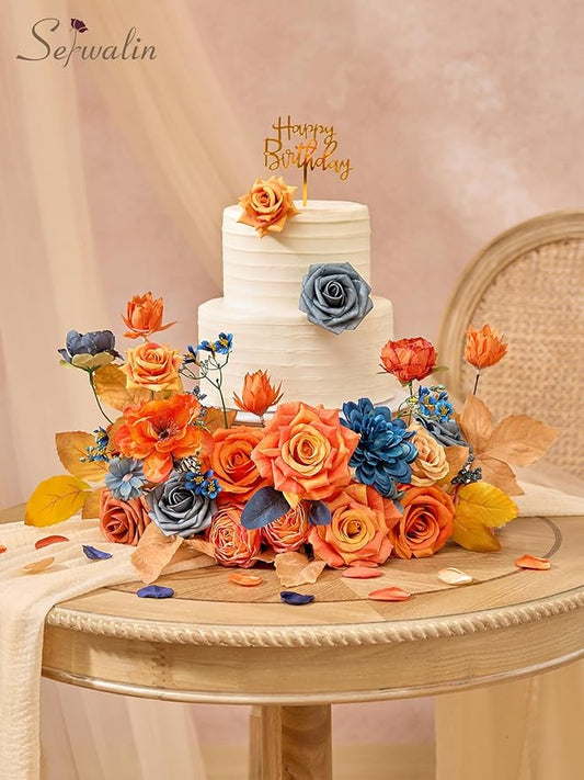 Serwalin Fall Flowers Artificial, Orange Silk Flowers with Stems, Fake Roses Blue Dahia Flower for Wedding Bouquets Bridal Baby Shower Party Arrangment Cake Floral Decoration