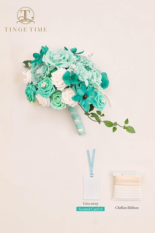 TINGE TIME 11 Inch Wedding Bouquets for Bride, Teal Green & Champagne Artificial Flowers Bouquet, Brides & Bridesmaids Bouquet for Wedding Anniversary Ceremony Bridal Shower Decorations