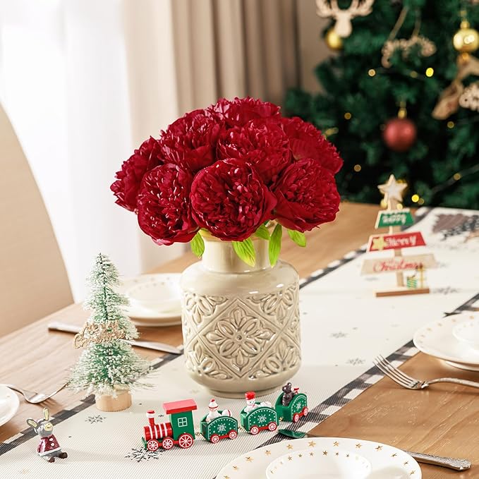 U'Artlines 10 Heads Artificial Peony Silk Flower Leaf Home Office Wedding Party Festival Bar Decor (Red)