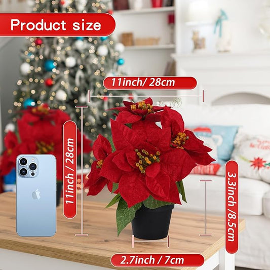 Poinsettias Flowers Artificial 2 Pack Red Faux Christmas Poinsettia Plant Small 11 Inch Winter Flowers for Home Office Table Decorations Indoor Xmas Ornament