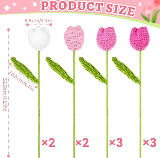 10 Pcs Crochet Tulip Flowers Artificial Flowers Bouquet Finished Handmade Knitted Tulip Bouquets with Leave and Long Stem for Home Centerpieces Decor Valentine's Day Wedding Anniversary (Pink tulips)