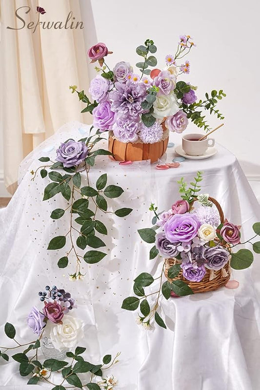 Serwalin Artificial Flowers Silk Flowers Wedding Cake Flowers Purple Fake Flowers Box Set for DIY Wedding Bouquets Table Centerpieces Arrangements Baby Shower Home Decor