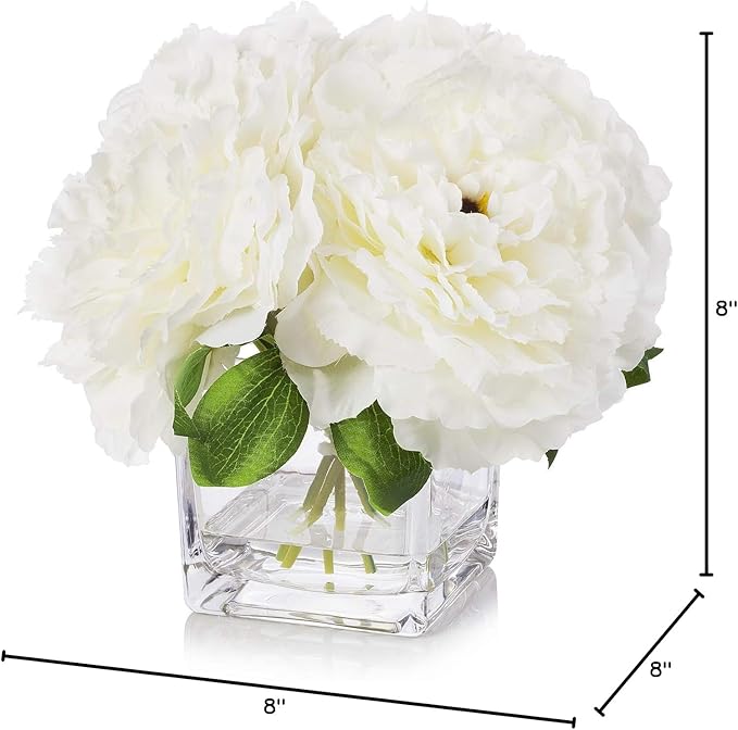 ENOVA HOME Silk Peony Flowers Arrangements in Cube Glass Vase with Faux Water for Home Table Wedding Centerpiece Decoration (Cream)