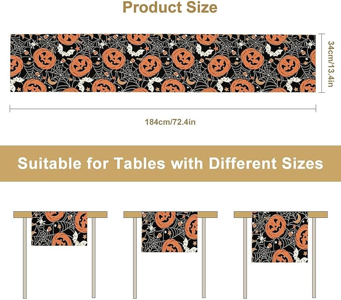 Bat Table Runner,Halloween Pumpkin Spider Web Table Runner for Home Kitchen Table Dining Garden Farmhouse Wedding Party Decor 13x60 Inch