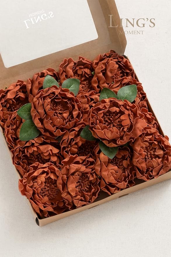 Ling's moment Flowers 16pcs Burnt Orange Rust Blooming Peonies Artificial Flowers with Stem, Artificial Peony Flowers for DIY Wedding Decorations Centerpieces Bouquets Boutonnieres