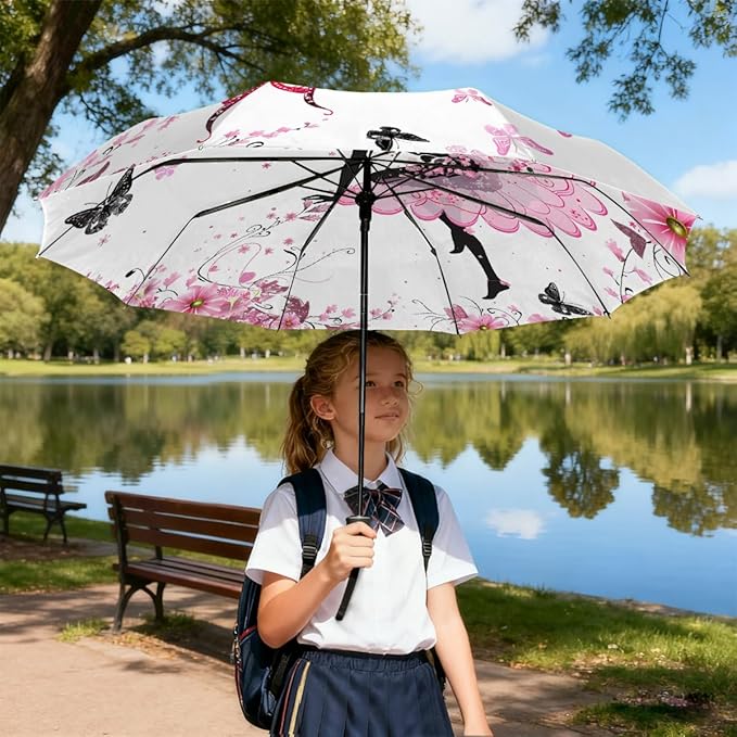 Windproof Travel Umbrella Pink Flower Butterfly Girls Compact Auto Open/Close Folding Umbrellas for Rain