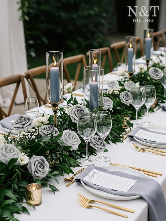 N&T NIETING Roses Artificial Flowers, 50Pcs Fake Flowers Foam Roses with Stems for DIY Wedding Bridesmaid Bridal Bouquets Centerpieces Party Home Decoration Baby Shower, Silver White and Silver Grey