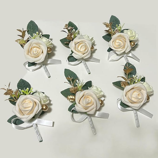 6PCS White Boutonniere for Men, Ivory Boutonniere Pins for Men Groomsmen Guest Boutonniere, Artificial Flowers for Wedding Decor Prom Homecoming