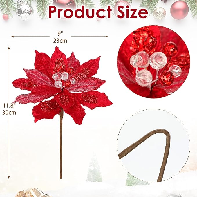4 Pcs Poinsettia Artificial Christmas Flowers - 11.8" Christmas Flower Picks Large Red Glitter Ornaments Silk Floral Stems with Clips for Xmas Tree Decoration Wreath Garland Fireplace Stairs Decor