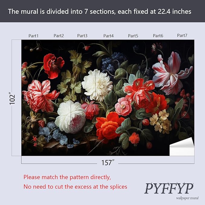 PYFFYP- Dark Floral Wallpaper Peony Wall murals for Bedroom(Not Peel and Stick)