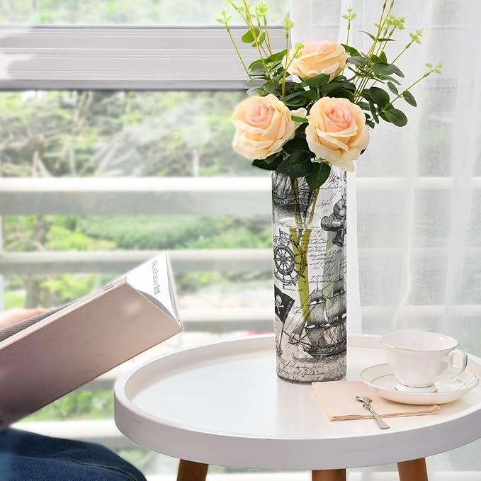 Flower Vase Clear Plastic Cylinder Vases Decor for Centerpieces Home Storage Office Weddings Pirate Skull Flags Sailing Ships 11.8 x 3.9 in