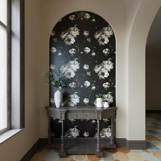 Dark Wallpapr Peel and Stick Boho Wallpaper 17.5in x 393in Black Floral Contact Paper Waterproof Self Adhesive Vintage Large Floral Wall Paper for Bedroom Walls Cabinet Decor