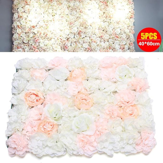 5 PCS Artificial Flowers Wall Decoration 24" x 16" Decorative Hydrangea Flower Panels Flower Wall for Home Party Wedding Christmas Festival Photo Backgdrop Decor (5 PCS, Champagne+Pink+White)