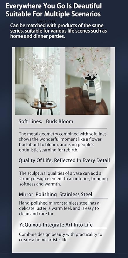 YcQuixoti Small Silver Prismatic Mirror 18/8 Stainless Steel Metal Vase Stands 9.13 inches Tall.Ideal for Dried Flower Arrangements Decor Gift for Spa Wedding Home or Votive Candle Candle Gardens