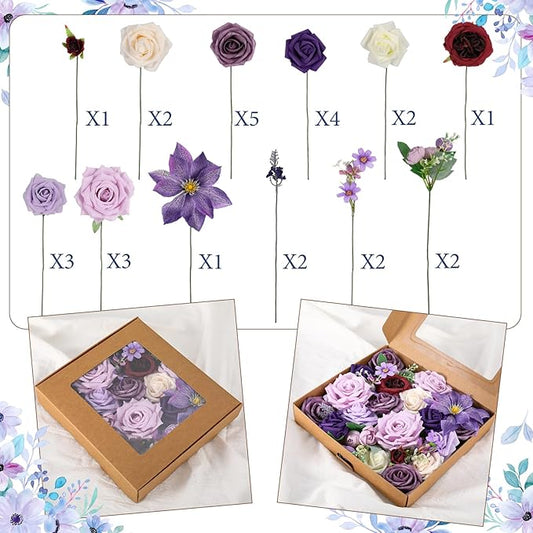 Jspupifip Purple Artificial Silk Flowers Combo Box Set, Fake Roses Daisy Flowers Arrangement Bouquets for DIY Wedding Flower Centerpiece Baby Shower Floral Home Decor