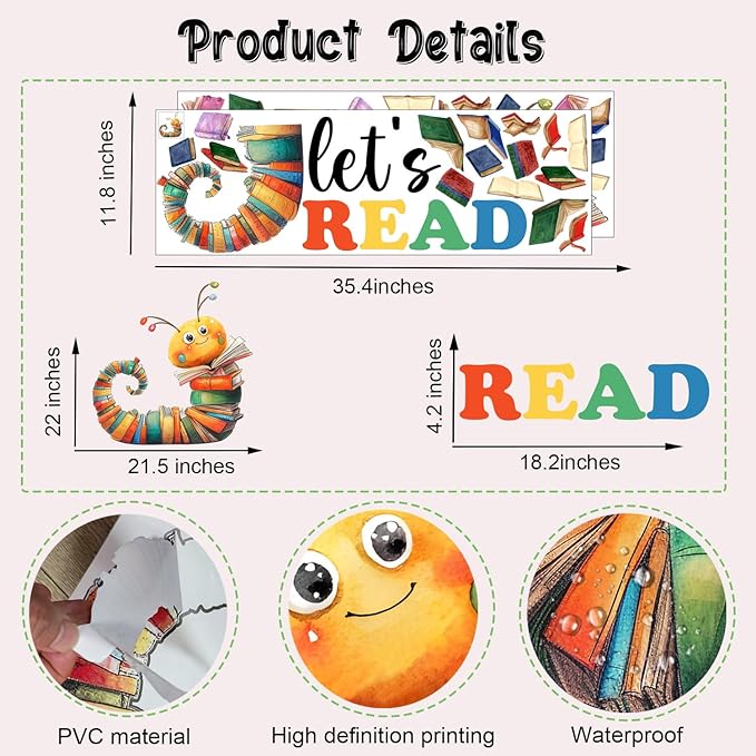Colorful Book Caterpillar Wall Stickers, Let’s Read Classroom Vinyl Wall Decals, Removable School Reading DIY Wall Art for Kindergarten Preschool Library Decor