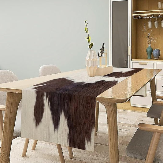 Cow Skin Print Table Runner, Rustic Farmhouse Cottage Country Animal Fur Skin Western Style Brown Cowhide Print Dinner Runner Table Decoration for Home Kitchen Dining 13x70in