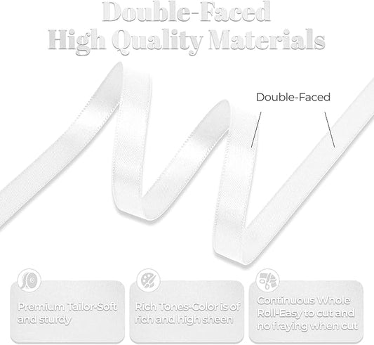 White Satin Ribbon, Double Faced 3/8 Inch X 50 Yards White Ribbon, Premium Satin Ribbon for Gift Wrapping, Crafts, Hair Bow Making, Sewing, Flower Bouquet, Wedding Party Decor