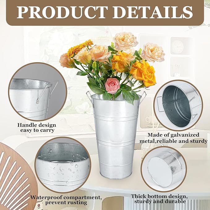 8pcs 12.8inch Flower Buckets for Flower Bar Supplies, Silver Vases for Centerpieces, Galvanized Bucket, Metal Bucket, Rustic Vases for Flowers, Tin Vase (Silver, 12.8inch Height, Set of 8)