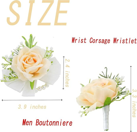 SITUMEIZI 2Pcs Champagne Corsage and Boutonniere Set,Corsage Wristlet for Prom Decor,Boutonniere for Men Wedding Flowers Accessories Party Suit Decoration