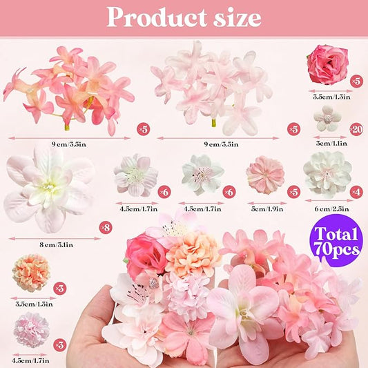 70 pcs Mini Artificial Flowers Heads Pink Silk Peony Daisy Rose Bulk Mix Flower Heads Faux Rose for Crafts Graduation Wedding Baby Shower DIY Home Party Decoration