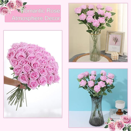 50Pcs Pink Roses Artificial Flowers Fake Roses Faux Velvet Silk Flower for Home Wedding Decoration (Pearl Rose, Gradient Pink)