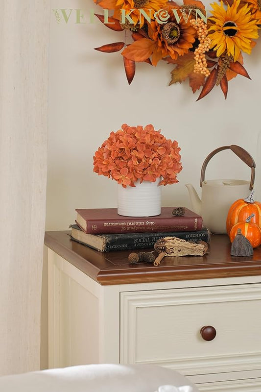 Artificial Hydrangea Flowers in Vase, Fake Flowers with White Ceramic Vase Small Faux Pot Floral Arrangement for Home Desktop plant Kitchen Bathroom Coffee Table Centerpiece Decor (Burnt Orange)