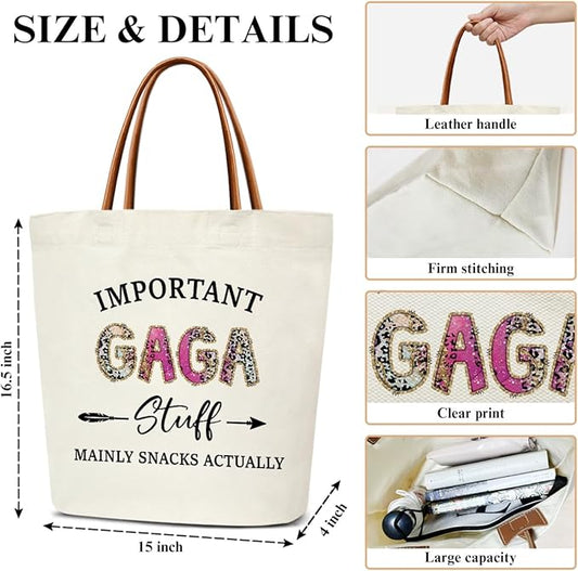 Canvas Tote Bag for Women, Important Stuff Bag with Leather Handle, Reusable Grocery Bags for Shopping Beach Travel