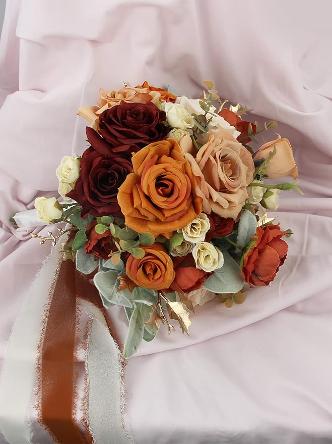 Rinlong 9" Wide Burnt Orange Wedding Bouquet for Bride Rustic Terracotta Artificial Flowers Bridal Bridesmaid Bouquet Prom