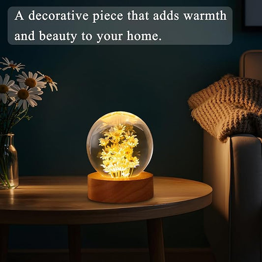 Daisy Decor Gifts,Daisy Flower Lamp Crystal Ball Night Light,2.4 Inch Glass Ball Lamp with LED Wooden Base,Soft Warm White Lighting for Women Best Friends Sister Birthday Xmas Aesthetic Gift(Yellow)