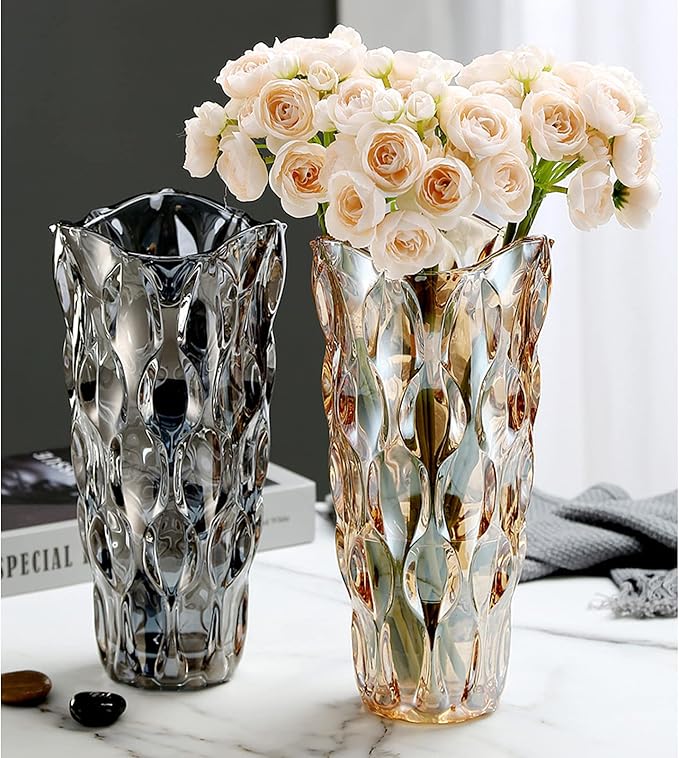 9.5" High Thickened Amber Glass Flower Vase for Home Decor, Dining Wedding Table Office Holiday Party Centerpiece Decoration