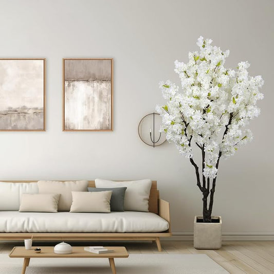 6ft Tall Cherry Blossom Artificial Tree, Handmade White Cherry Tree, Fake Flower Faux Silk Leaves Plant, Artificial Plants for Home Office Indoor Outdoor Party Wedding Christmas Decor