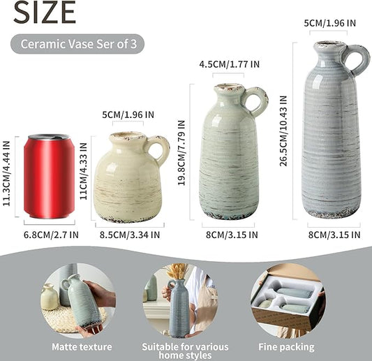 Ceramic Vase Set of 3 | Neutral Vase Home Decor with Handle | Pottery Modern Farmhouse Vases Pampas Grass Flower Vases for Home Decor Table Living Room Centerpieces Mantel Decor - Multicolor