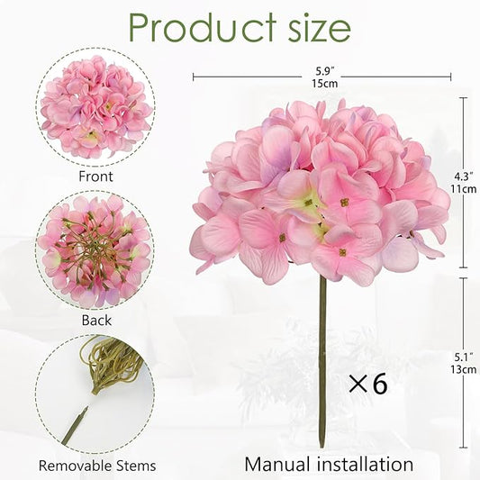 Hollyone 6 Pcs Pink Hydrangea Artificial Flowers Heads with Stems Silk Faux Hydrangea Pink Fake Flowers for Home Indoor Outdoor DIY Floral Wedding Flower Bouquets Kitchen Table Centerpiece Decor