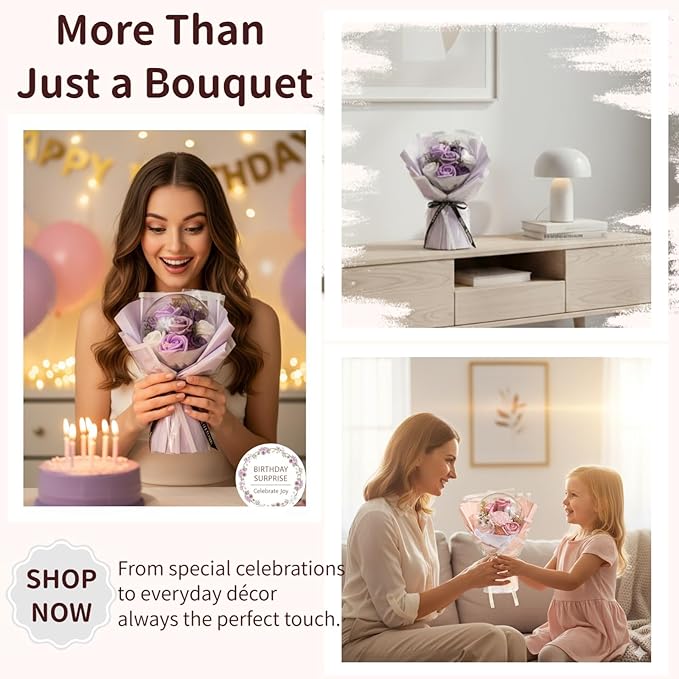 Soap Flowers Bouquet, Artificial Flowers in Gift Box with Gift Bag & Greeting Card, Balloon-Style Acrylic Design, Freestanding Display for Mother’s Day Birthday Anniversary, Purple