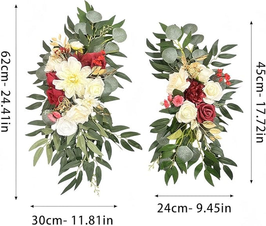 Artificial Wedding Arch Flowers (Pack of 2) White Wedding Flowers for Wedding Welcome Ceremony Sign Faux Floral Swags, Banquet and Reception Backdrop Floral Decoration (White & Red)