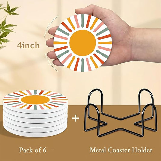 Drink Coasters with Holder,6 Pcs Boho Minimalist Sun Moon Design, Water-Absorbent Beverage Pads for Dining Table Decor & Glass Protection