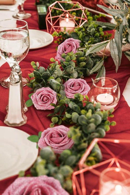N&T NIETING Artificial Flowers Glowing Dark Pink Flowers Foam 25pcs Glitter Roses Real Looking Fake Roses with Stem for DIY Wedding Bouquets Centerpieces Bridal Shower Party Home Decorations