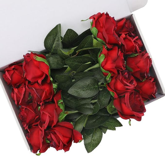 Burgundy Fake Roses Artificial Flowers - 16 Pcs Fake Artificial Roses Silk Flowers with Stems for Home Wedding Hotel Office Centerpiece Decor(Burgundy)