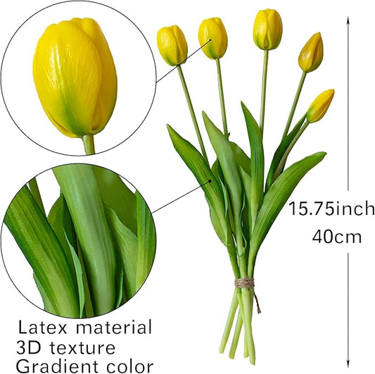15pcs Artificial Tulips Flowers, Real Touch Latex Bouquet, Fake Tulips for Office Wedding Party Home Kitchen Garden Decoration-B Yellow