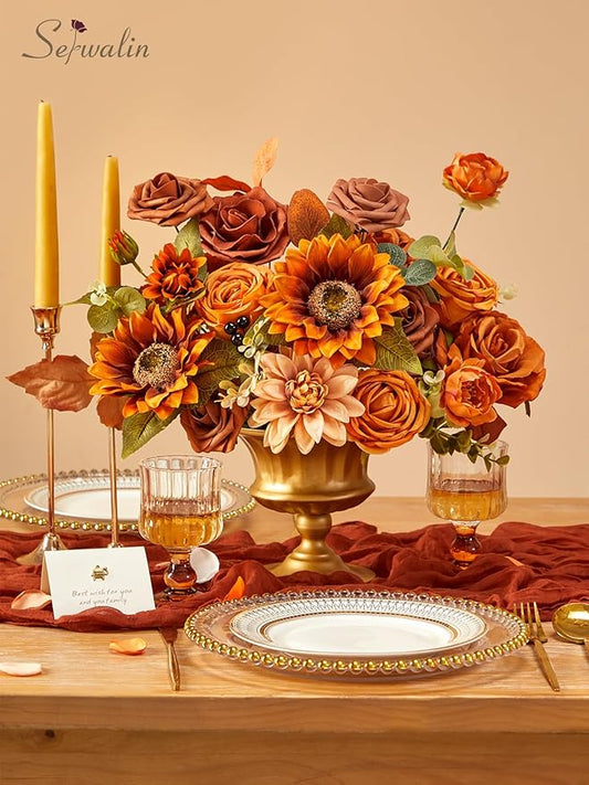 Serwalin Sunflower Artificial Flowers Burnt Orange Fall Flowers Fake Cake Flowers for DIY Wedding Bridal Bouquet Centerpieces Floral Arrangement Fall Decor Baby Shower Home Decor