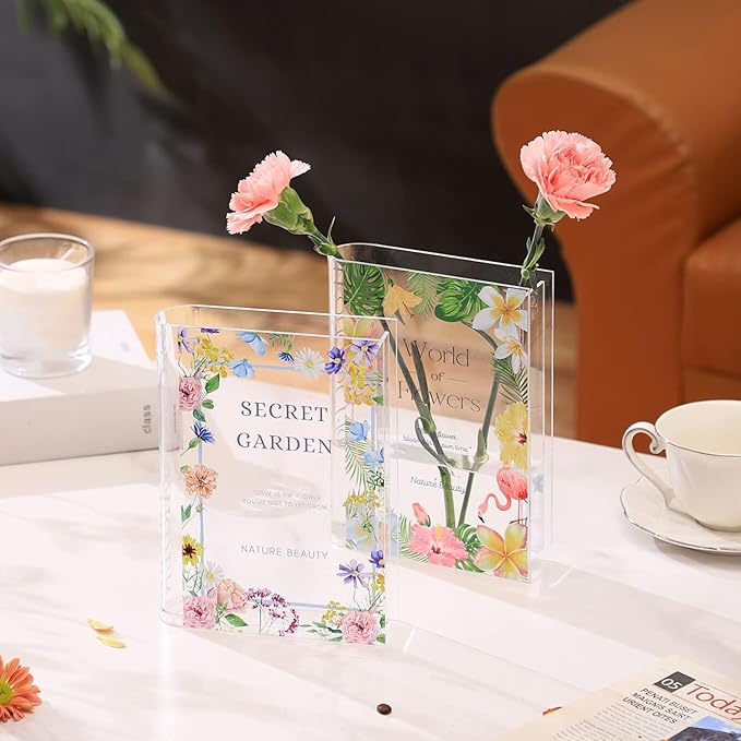 Book Vase, Acrylic Book Vase for Flowers, Book Flower Vase Clear, Small Book Shaped Vase, Clear Book Vases, Modern Decorative Vases for Home, Bedroom, Living Room, Office, Set of 2